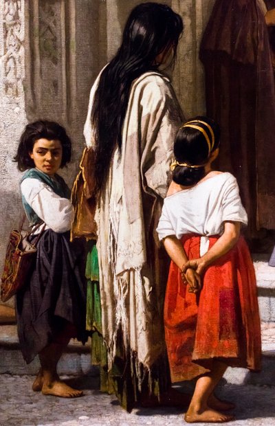 Ung kvinne gir veldedighet ved inngangen til kapellet på San Sebastian-sykehuset i Cordoba, detalj av Leon Joseph Florentin Bonnat