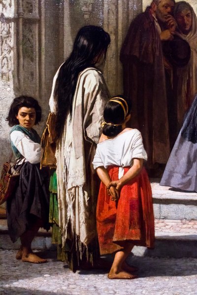 Ung kvinne gir veldedighet ved inngangen til kapellet på San Sebastian-sykehuset i Cordoba, detalj av Leon Joseph Florentin Bonnat