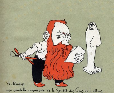 Tegneserie av Auguste Rodin med en ny kommisjon fra Societe des gens de lettres (Skulptur av Balzac) - Illustrasjon av Leon Lebegue (1863-1944) - Gravering i "" Le sun-du-dimanche"" av Leon Lebegue