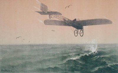 Louis Bleriot (1872-1936) krysset Den engelske kanal for første gang med fly 25. juli 1909, ca. 1910 (farge litho) av Leon Pousthomis