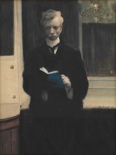 Selvportrett med blå skissebok av Leon Spilliaert