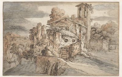 Kirke og gamle ruiner i Italia av Leonaert Bramer (attributed to)