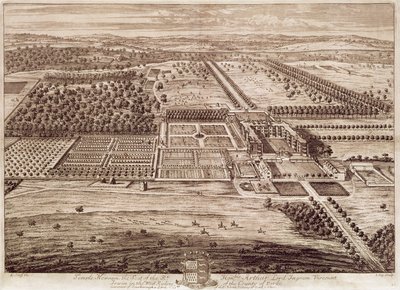 Prospekt av Temple Newsam House fra øst, gravert av Jan Kip (ca. 1652-1722) 1702 (gravering) av Leonard (after) Knyff