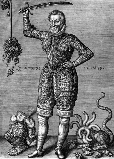 Henri IV (1553-1610) fransk konge i 1589-1610, her iført en rustning, holder et sverd, som en rettsretting av urett, gravering av Leonard Gaultier av Leonard Gaultier