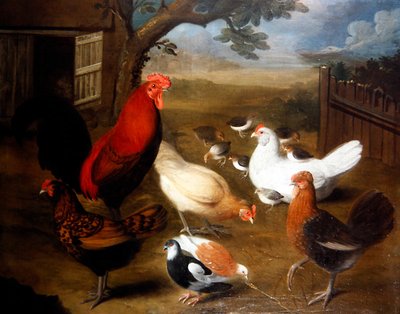 En gårdsscene med en hane (olje på lerret) av Leonard Hubner