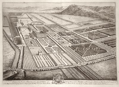 Chatsworth House, sete for William Cavendish (1640-1707) 1. hertug av Devonshire, gravert av Johannes Kip (ca. 1652-1722) av Leonard Knyff