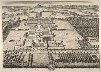 Eaton Hall ved elven Dee nær byen Chester i Cheshire, sete for den ærede Sir Thomas Grosvenor (gravering) av Leonard Knyff