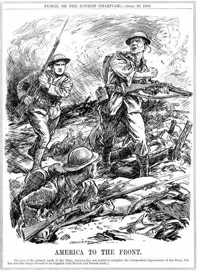 Amerikanske forsterkninger for å hjelpe de allierte troppene før den viktigste amerikanske hæren ankom, 1. verdenskrig, 1918 av Leonard Raven Hill