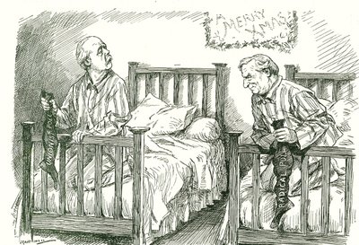 Arthur Balfour, Konservativer, und Herbert Asquith, Liberaler, mit ihren Weihnachtsstrümpfen. Bei den Parlamentswahlen im Dezember 1910 hatte keiner eine absolute Mehrheit. Asquith konnte eine Regierung in Koalition mit der Irish National Party bilden. Leo von Leonard Raven-Hill