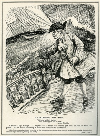 Offentlige avdelinger er instruert av Lloyd George om å kutte i utgiftene på tjue prosent, 1921 av Leonard Raven Hill