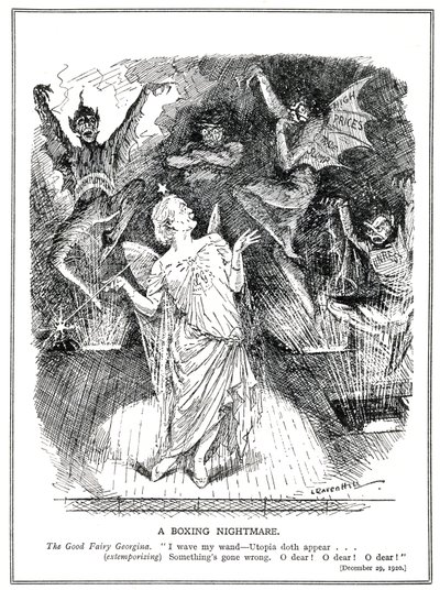 LLoyd George, den "gode feen" til koalisjonsregjeringen håper å forvandle Storbritannia til Utopia, men fremmaner i stedet marerittet og djevlene med arbeidsledighet, handelsnedgang, høye priser og uro, av Leonard Raven Hill