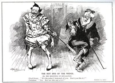 Lloyd George, som president for Board of Trade, beskyttet britisk industri mot tysk konkurranse ved "Patent and Designs Act" fra 1907, 1909 av Leonard Raven Hill