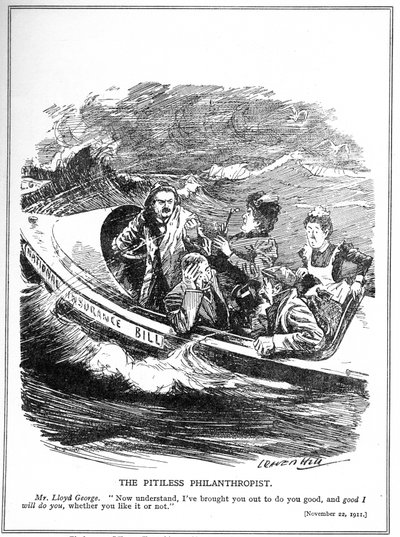 Lloyd George, avbildet som en livbåtseiler, møter motstand mot sin National Insurance Act, 1911 av Leonard Raven Hill