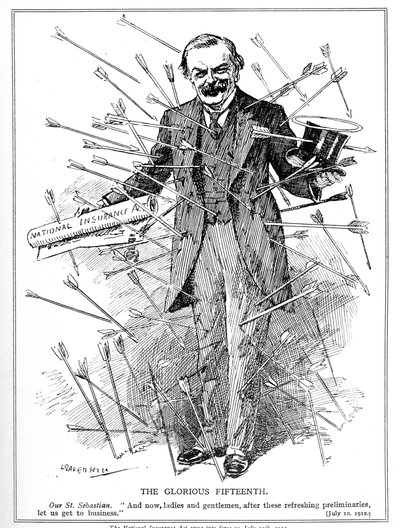 Lloyd George, avbildet som martyren, St. Sebastian, under angrep for sin National Insurance Act, som trådte i kraft 15. juli 1912 Insurance Act, 1911 av Leonard Raven Hill