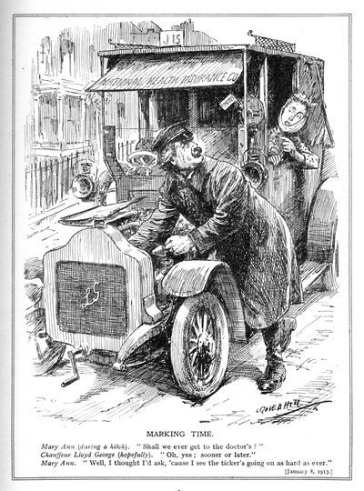 Lloyd George blir forsinket med å ta en pasient til legen i henhold til National Health Insurance Act, 1913 av Leonard Raven Hill