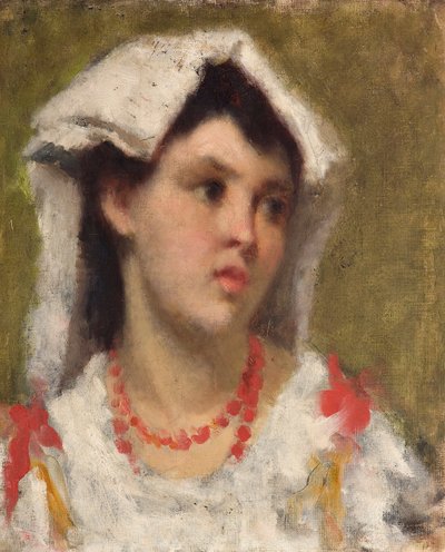La ciociara Portrait de paysanne de la region de la Ciociaria pres de Rome (Ung dame fra Ciociaria nær Roma) Peinture de Leonardo Bazzaro (1853-1937) Collection privee av Leonardo Bazzaro