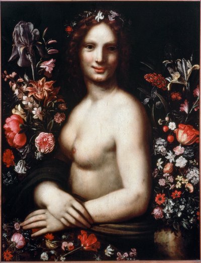 Byste av en ung kvinne kalt Flora (Flora) blant blomstene Modellen skulle være Mona Lisa (Mona eller Monna Lisa) maleri etter en tegning av Leonardo da Vinci (Leonard de Vinci) (1452-1519) 1600-tallet Bergamo, accademia Carrara av Leonardo da (after) Vinci