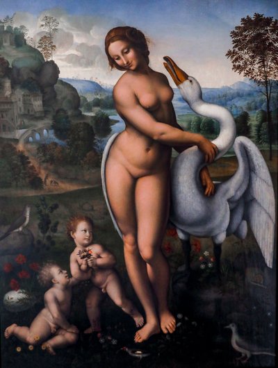 Leda og svanen, Olje på lerret av Leonardo da (after) Vinci