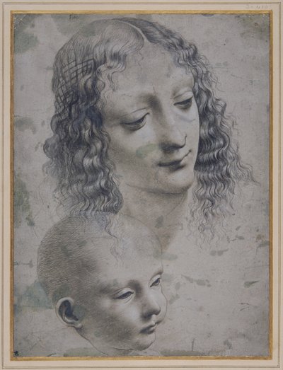 Hodet til en kvinne og hodet til en baby (metallspiss på grått forberedt papir) av Leonardo da (follower of) Vinci
