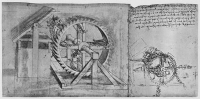 Et stort hjul som er løst og avfyrer fire armbrøster etter hverandre, c1480, 1945 av Leonardo da Vinci