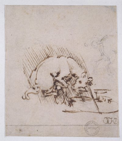 En enhjørning som dypper hornet sitt i en vannbasseng, ca. 1481 (penn og blekk og metallspiss på papir) av Leonardo da Vinci