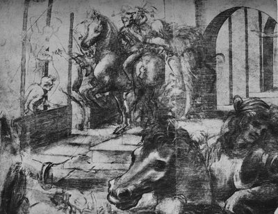 Adoration of the Magi - Arkitektur og figurer i bakgrunnen til venstre, c1481 1945 av Leonardo da Vinci