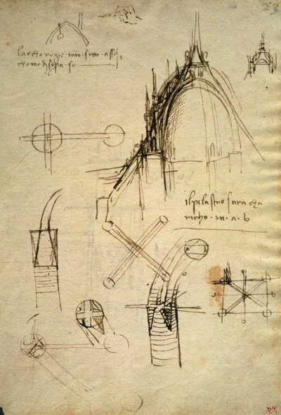 Arkitektoniske detaljer og seksjon av kuppelen til Duomo i Milano, f41 av Code Trivulzianus av Leonardo da Vinci