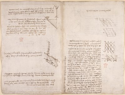 Arundel 263, f.120v, f.121 Notater og diagrammer om mekanikk, angående væskehastighet, ca. 1503-6 (penn og blekk på papir) av Leonardo da Vinci
