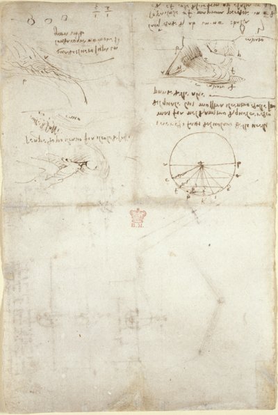 Arundel 263, f.126v Tre notater og skisser på vann; et diagram over fuglenes flukt, ca. 1500-5 (penn og blekk på papir) av Leonardo da Vinci