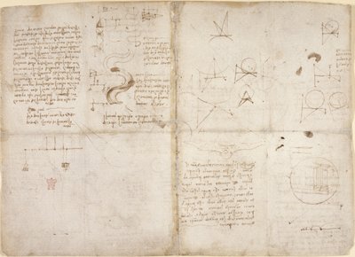 Arundel 263, f.135v, f.134, Notater og diagrammer om mekanikk; notater og skjematiske skisser om elveløp og vannføring, fra 