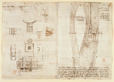 Arundel 263, f.264v Tegner på de mekaniske kreftene og kreftene, perkusjon, tyngdekraft, bevegelse, optikk og astronomi, med ulike aritmetiske og geometriske proposisjoner. av Leonardo da Vinci