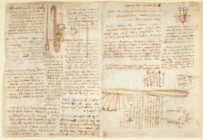 Arundel 263 f.269v, f.264 Notater og skisse på en hydraulisk enhet, fra 