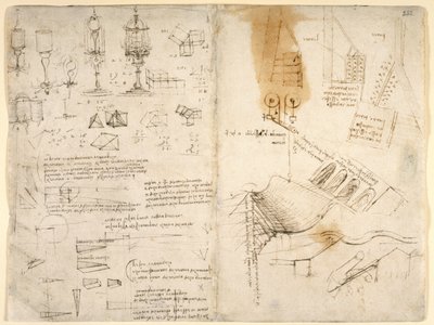 Arundel 263, f.283v, f.282 Skisser av hengslede lamper; notater om mekanikk; matematiske beregninger; geometriske skisser (penn og blekk på papir) av Leonardo da Vinci