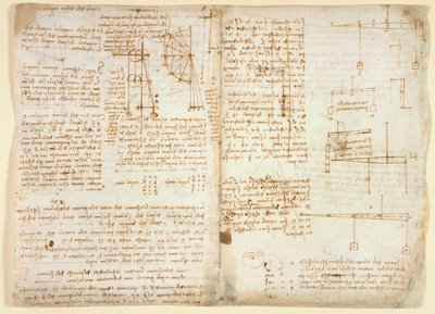 Arundel 263 f.32v, f.31 Notater og diagrammer om mekanikk, fra 
