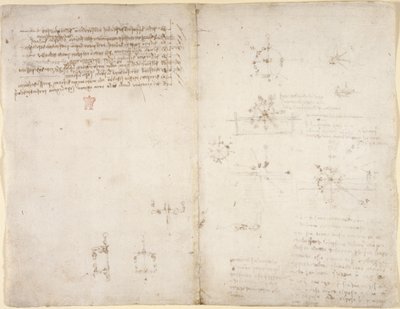 Arundel 263, f.35v, f.34 Tegninger på de mekaniske kreftene og kreftene, perkusjon, gravitasjon, bevegelse, optikk og astronomi, med ulike aritmetiske og geometriske forslag. av Leonardo da Vinci