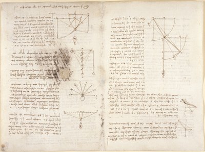 Arundel 263, f.3v, f.12 Notater og diagrammer om mekanikk av Leonardo da Vinci