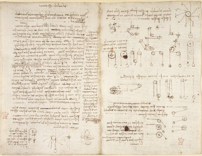 Arundel 263, f.43v, f.42, Notes and diagrams on mechanics, entitled 