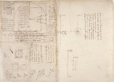 Arundel 263, f.72v, f.69 Notater og diagrammer om mekanikk og tyngdepunktet, fra 'Codex Arundel', c.1503-5 (penn og blekk på papir) av Leonardo da Vinci