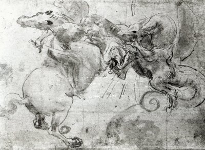 Kamp mellom en rytter og en drage, ca. 1482 (undertegning med penne, penn og pensel på papir) av Leonardo da Vinci