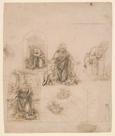 Komposisjonsskisser for jomfruen som tilber Kristusbarnet, 1480-85 (sølvpunkt) av Leonardo da Vinci