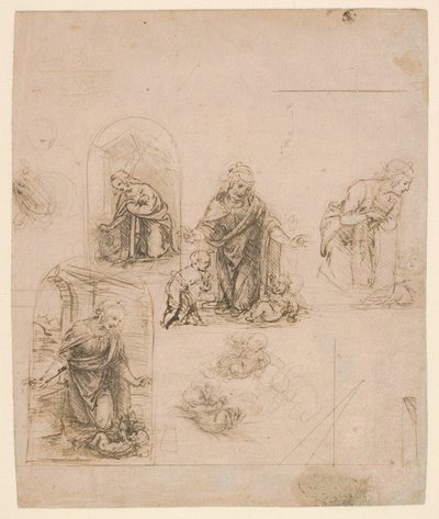 Komposisjonsskisser til Jomfruen som tilber Kristusbarnet, med og uten den lille Johannes Døperen; diagram over en perspektivisk projeksjon (forside); lette skriblerier (bakside) av Leonardo da Vinci