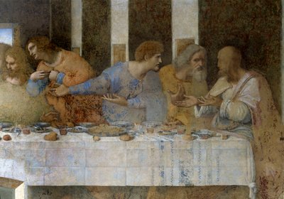 Detalj av Nattverden (Il Cenacolo (Nattverden)) som fra venstre til høyre representerer apostlene Thomas, Jakob den store, Filip, Matteus, Judas Taddeen og Zeloten Simon. 1495 - 1498. Fresco av Leonardo da Vinci. Refectory of St. Mary