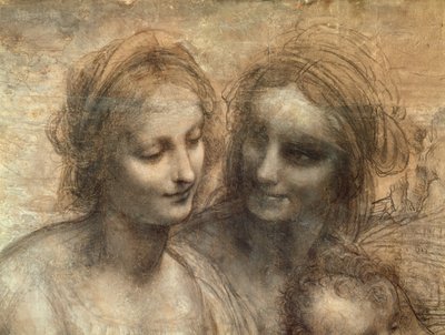 Detalj av Jomfruens og St. Annes hoder, fra Jomfruen og barnet med SS. Anne og døperen Johannes, ca. 1499 (kull og hvitt kritt på papir, montert på lerret) av Leonardo da Vinci