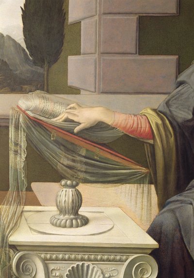 Detalj av Jomfru Maria, fra kunngjøringen, 1472-75 olje på panel etter restaurering av Leonardo da Vinci