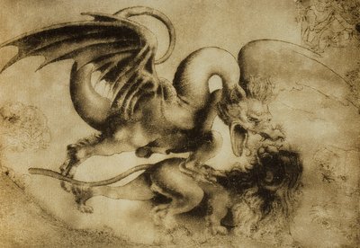 Drage dreper en løve, tegning av Leonardo da Vinci. Cabinet of Drawings and Prints, Uffizi Gallery, Firenze av Leonardo da Vinci