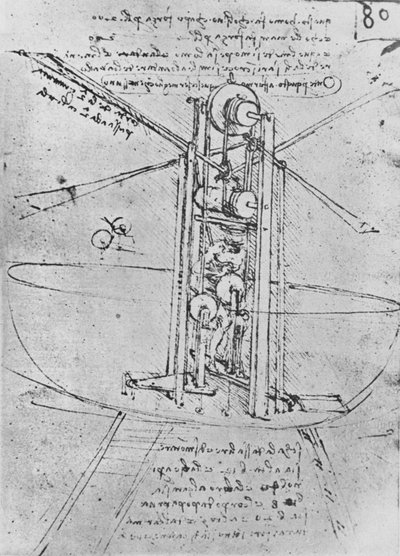 Tegning av en flygende maskin med en mann som betjener den, c1480 1945 av Leonardo da Vinci