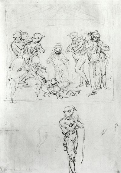 Figural Studies for the Adoration of the Magi, ca. 1481 (penn og blekk og metalpoint på papir) av Leonardo da Vinci