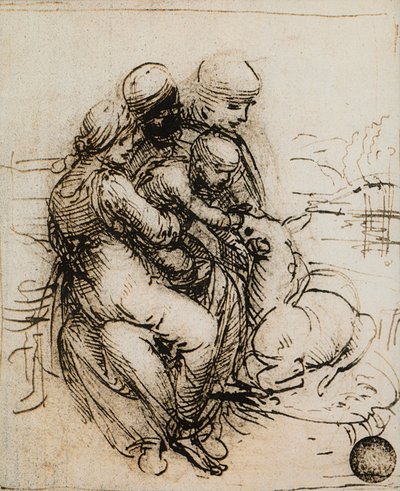 Første idé for Madonna og Child og Saint Ann; tegning av Leonardo da Vinci. Gallerie dell