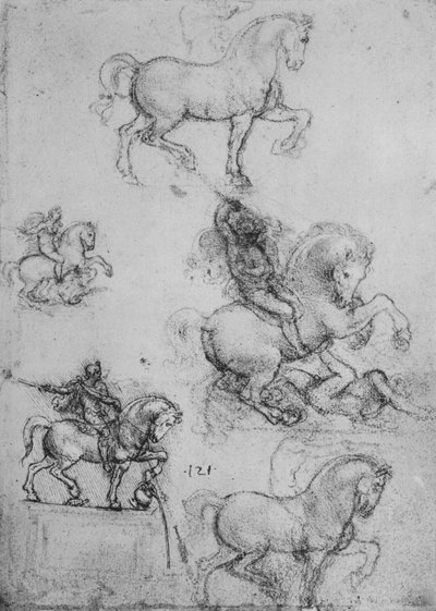 Fem studier av hester og ryttere, c1480 1945 av Leonardo da Vinci