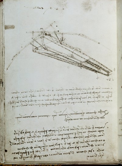 Flyvende maskintegning. Manuskript av Leonard De Vinci (Leonardo da Vinci av Leonardo da Vinci